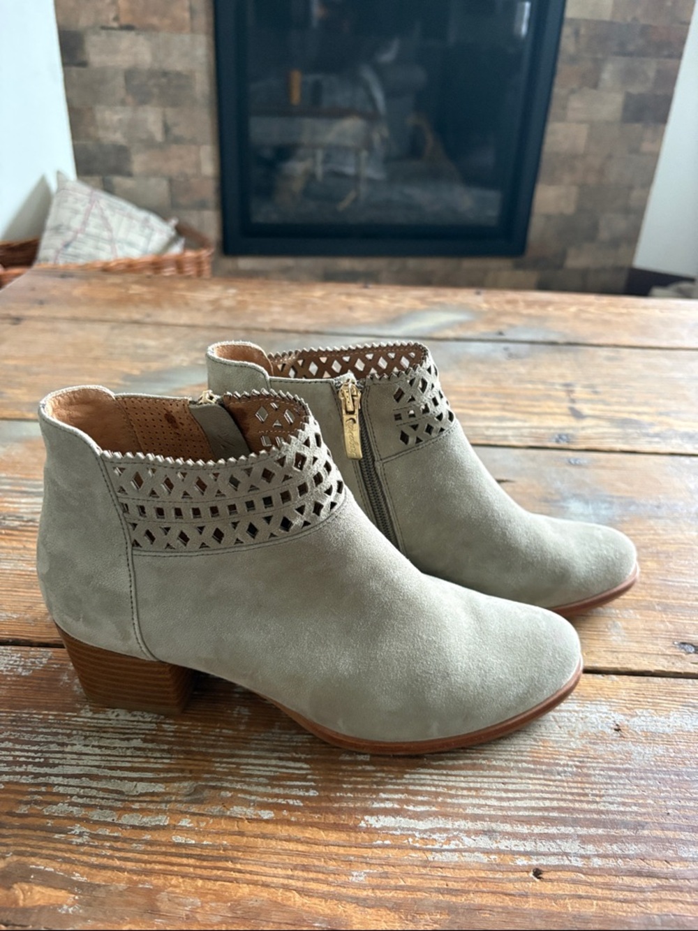 Women's Taupe Suede Ankle Booties with Cutout Detail